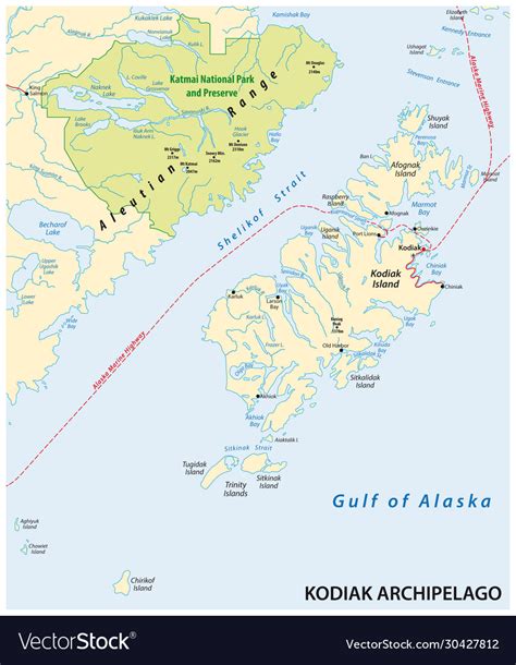 Kodiak archipelago map alaska us Royalty Free Vector Image