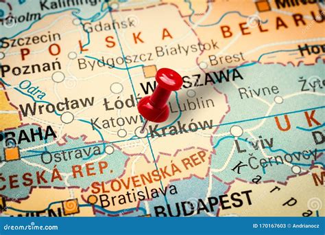 Pushpin Pointing at Krakow City in Poland Stock Image - Image of locate ...