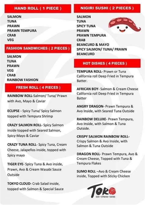 Total 71+ imagen toro sushi menu - Viaterra.mx