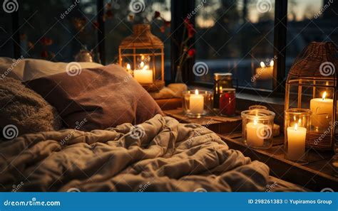 Cozy Bedroom, Candlelight Illuminates Tranquil Scene, Creating a ...