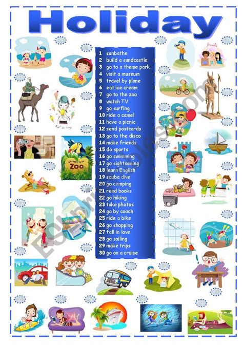 Holiday Activities Matching Exercise - ESL worksheet by renataprochazkova