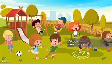 Kids Play Park Playground Vector Illustration Children Swing Outdoor In ...