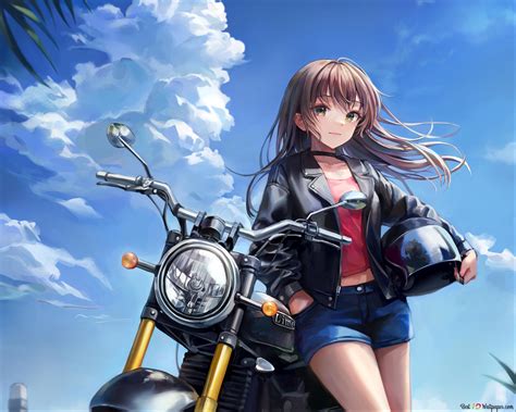 Stance of beautiful anime girl near motorcycle posing with cloudy sky ...