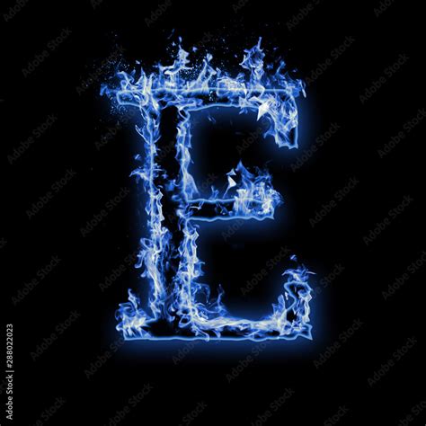 Letter E. Blue fire flames on black isolated background, realistic fire ...