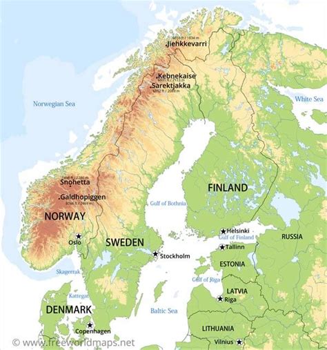 Physical Map of Scandinavia - Norway, Sweden, Finnland, Denmark, Iceland