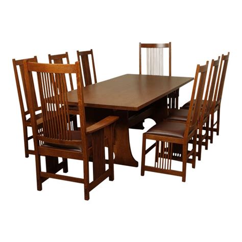 Stickley Mission Collection Oak 9 Piece Dining Set; Trestle Table, 8 ...