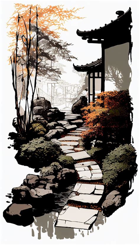 a painting of a path leading to a pavilion in the woods with rocks and ...