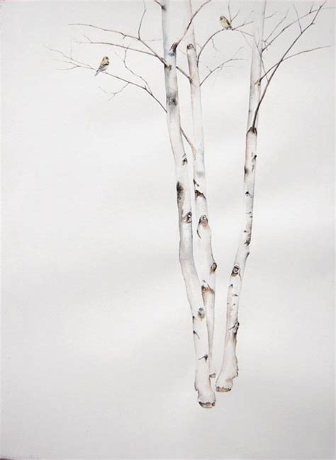 White Birch Trees Illustration with Birds in Snow