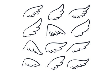 Cartoon angel wings. Winged doodle sketch icons. Angels and bird vecto ...