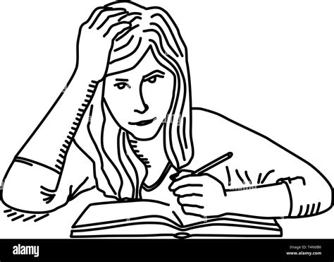 Student girl preparing homework. Vector line drawing Stock Vector Image ...