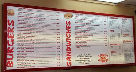 Jimmy's Big Burgers menu in Garland, Texas, USA