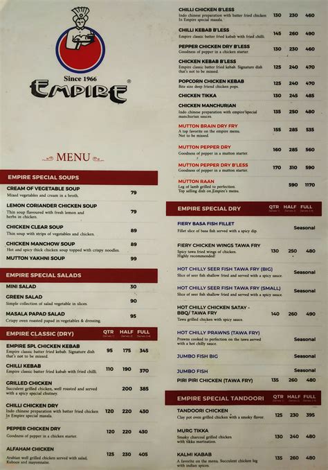 Menu of Empire Restaurant, Kanakapura Road, Bangalore | Dineout