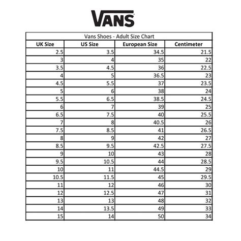 Jual PANDUAN UKURAN VANS / SIZE CHART VANS | Shopee Indonesia