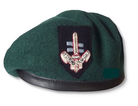 a green hat with an emblem on it