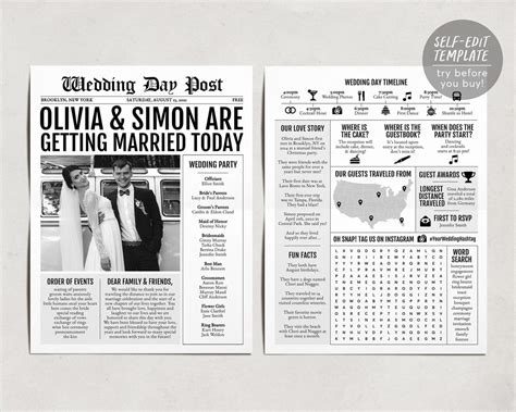 Newspaper Wedding Program Template, Editable Wedding Infographic ...