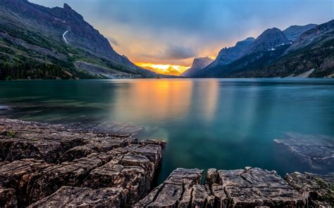 nature, Landscape, Lake, Sunset, Saint Mary Lake, Montana, Mountain ...