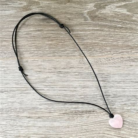 Rose quartz heart adjustable necklace on black leather or waxed cotton ...