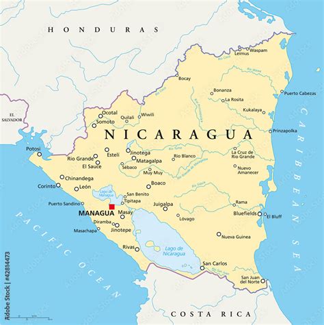 Nicaragua political map with capital Managua, with national borders ...