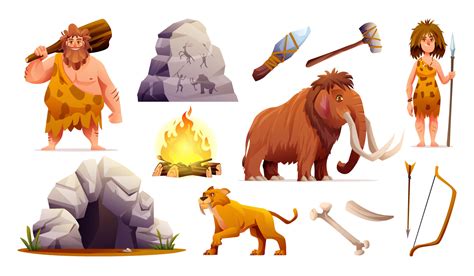 Set of prehistoric stone age people, tools and ancient wild animals ...