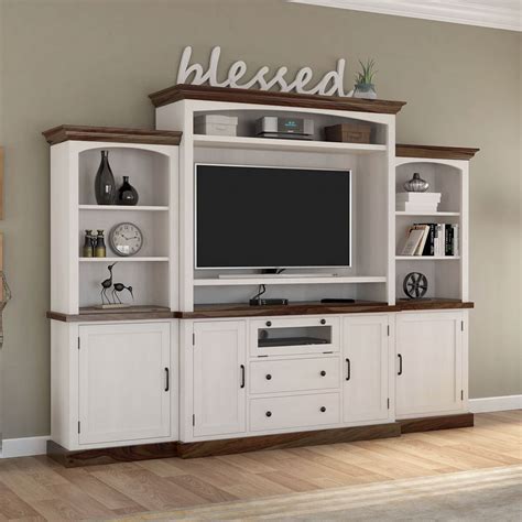 Morven Two Tone Solid Wood Entertainment Center with Bookshelves