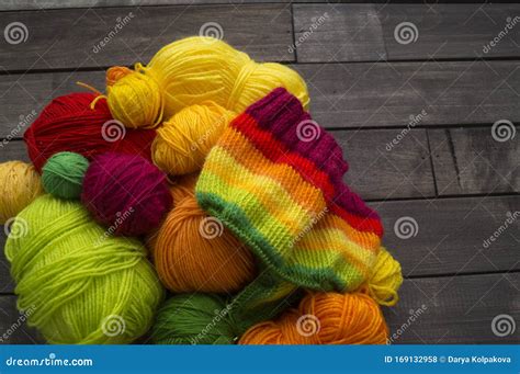 Yarn for Knitting Rainbow. Wood Background Stock Photo - Image of line ...