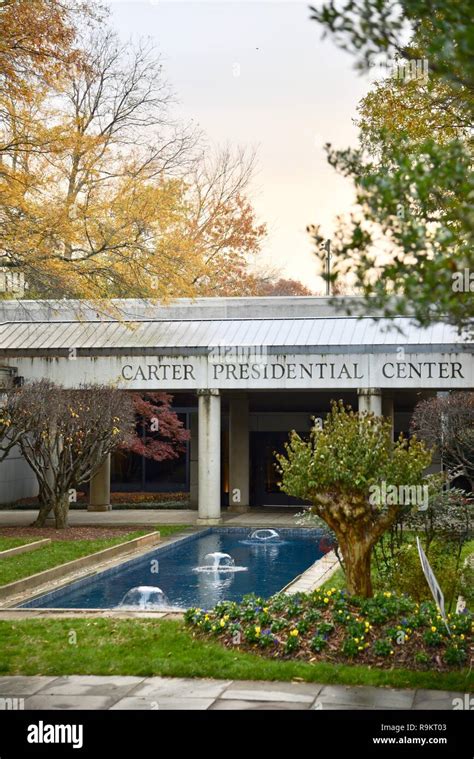 Entranceway, with fountain in autumn at sunset, to Jimmy Carter ...