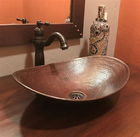 18" x 11-1/2" Oval Canoa Copper Vessel Bathroom Sink Brushed Sedona Finish