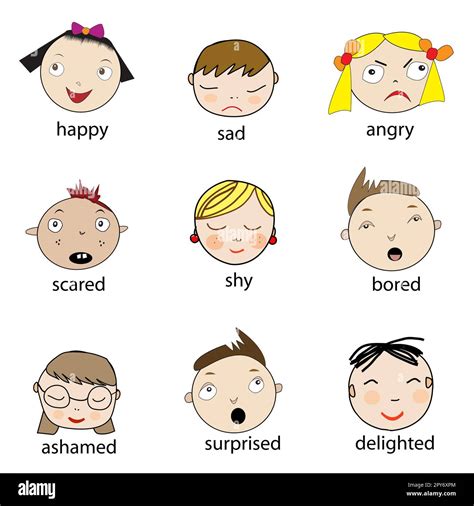 Collection of cartoon kids faces with different facial emotions Stock ...