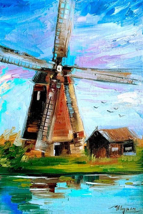 Windmill Painting Old Mill Art Windmill Kinderdijk Original | Inspire ...