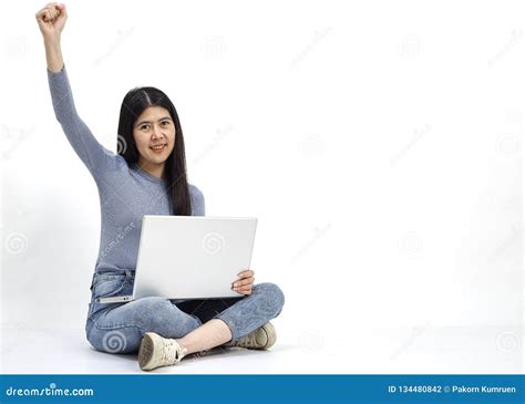 Woman Sitting Floor Holding Laptop Stock Photo - Image of people ...