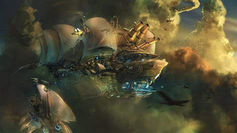 HD wallpaper: artwork fantasy art concept art steampunk aircraft clouds ...