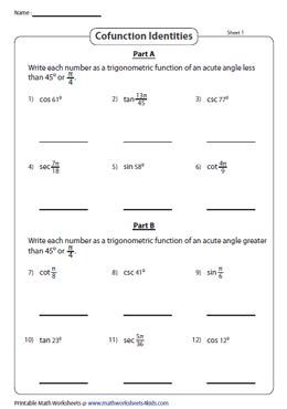 Cofunction Identities Worksheets