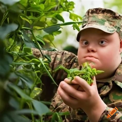 Down syndrome man in military uniform inspecting chili plants on Craiyon