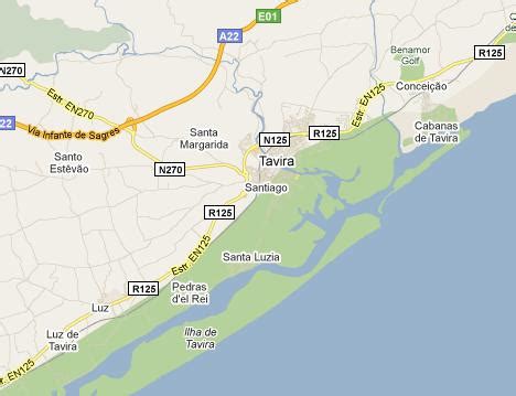 Tavira Map, located in Eastern Algarve, near the sea