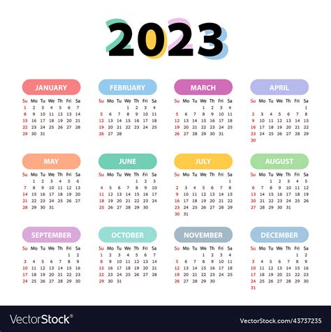 Rainbow calendar year 2023 square Royalty Free Vector Image