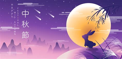 Mid Autumn Festival Banner with Rabbit Silhouette in Front of Moon ...