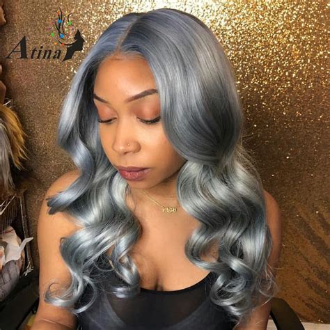 Dark Grey Human Hair Lace Front Wigs Black Women Wavy 130 Density ...