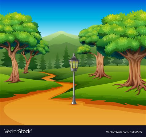 Cartoon forest background with dirt road Vector Image