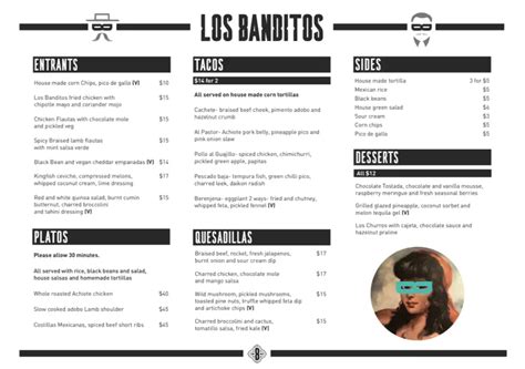 Menu at Los Banditos restaurant, Wellington