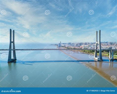 Aerial View of Vasco Da Gama Bridge in Lisbon Stock Image - Image of ...