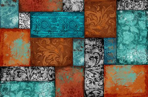 Buy Bohemian Patchwork teal orange wallpaper - Free shipping