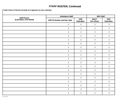 Roster Template Free