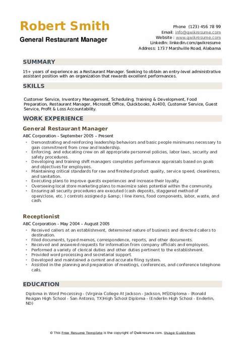 Restaurant manager resume sample - Olfereality