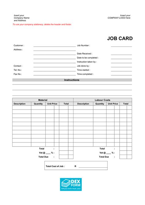 Job card template in Word and Pdf formats