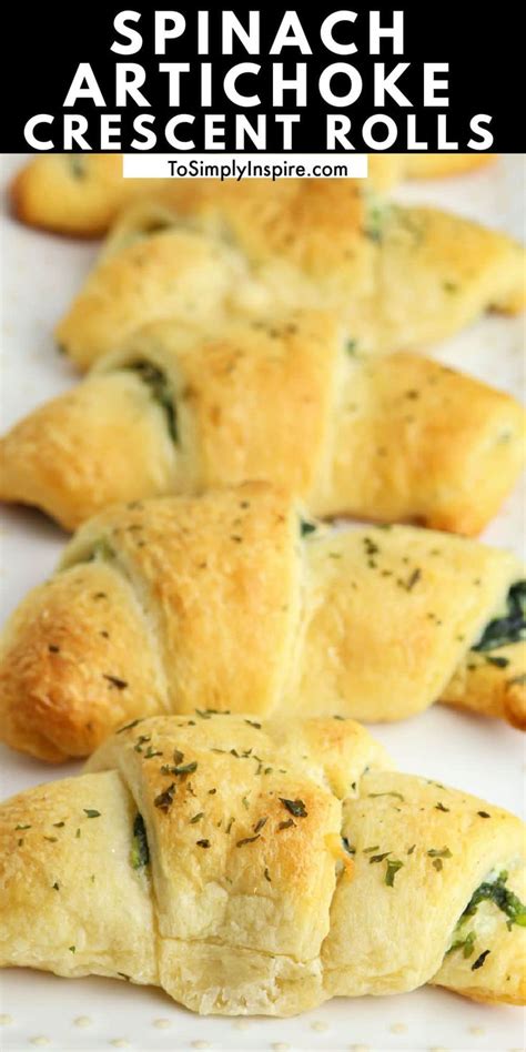 spinach artichoke crescent rolls on a white plate with text overlay ...