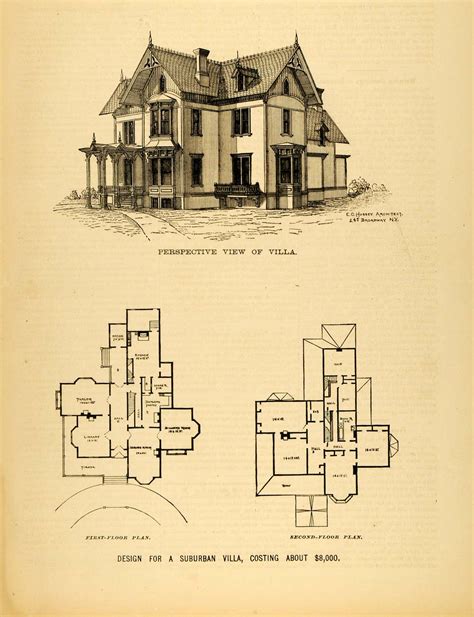 1878 Print Victorian Villa House Architectural Design Floor Plans E. C ...