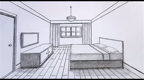 How to draw a bedroom in 1 point perspective step by step for beginners ...