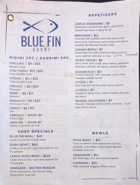 Menu at Blue Fin Sushi restaurant, Layton