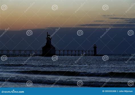 St. Joseph Michigan Lighthouse at Deep Sunset Stock Photo - Image of ...