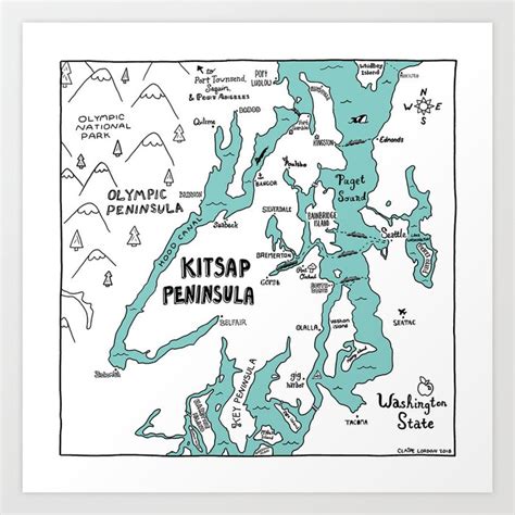 Kitsap Peninsula Illustrated Map Art Print by Claire Lordon | Society6